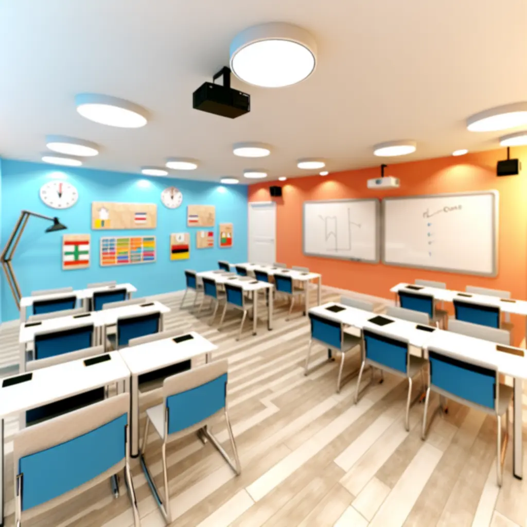 Modern, világos tanterem kényelmes székekkel és digitális eszközökkel